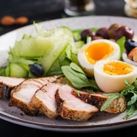 Portion Low Carb mit Fleisch, Ei und Nüssen