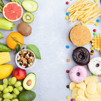 Obst und Gemüse auf der linken Seite, Junkfood auf der rechetn Seite