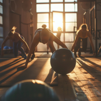 Trainierende in einer Halle im Gegenlicht