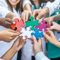 Das Bild zeigt eine Gruppe von Menschen, die zusammen farbige Puzzlestücke halten. Sie tragen überwiegend medizinische Kittel und verschiedene bunte Kleidungsstücke, was darauf hinweist, dass es sich um medizinisches Personal oder ein interdisziplinäres Team handelt.  Jede Person hält ein einzelnes Puzzlestück in verschiedenen Farben – darunter Rot, Grün, Blau, Lila und Weiß. Die Puzzleteile werden in der Mitte zusammengeführt, sodass sie symbolisch ineinandergreifen könnten. - EgonDorr/stock.adobe.com