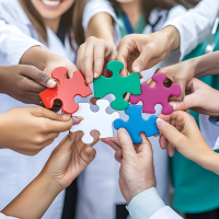 Das Bild zeigt eine Gruppe von Menschen, die zusammen farbige Puzzlestücke halten. Sie tragen überwiegend medizinische Kittel und verschiedene bunte Kleidungsstücke, was darauf hinweist, dass es sich um medizinisches Personal oder ein interdisziplinäres Team handelt. Jede Person hält ein einzelnes Puzzlestück in verschiedenen Farben – darunter Rot, Grün, Blau, Lila und Weiß. Die Puzzleteile werden in der Mitte zusammengeführt, sodass sie symbolisch ineinandergreifen könnten. Die Hände der Menschen sind vo