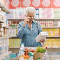 Frau betrachtet Näherwertangaben auf einer Verpackung im Supermarkt