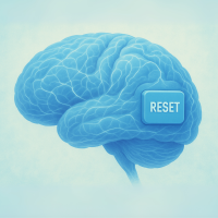 Illustration, die ein bläulich gefärbtes Gehirn mit einem Reset Knopf an der Seite zeigt
