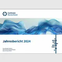 Deckblatt mit Titel und geometrischer Form des Jahresberichts 2024 der Cochrane Deutschland Stiftung