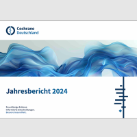 Deckblatt mit Titel und geometrischer Form des Jahresberichts 2024 der Cochrane Deutschland Stiftung