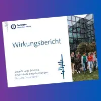 Das Bild zeigt das Deckblatt des Wirkungsberichtes der Cochrane Deutschland Stiftung auf blauem Hintergrund - Quelle:CDS