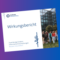 Das Bild zeigt das Deckblatt des Wirkungsberichtes der Cochrane Deutschland Stiftung auf blauem Hintergrund