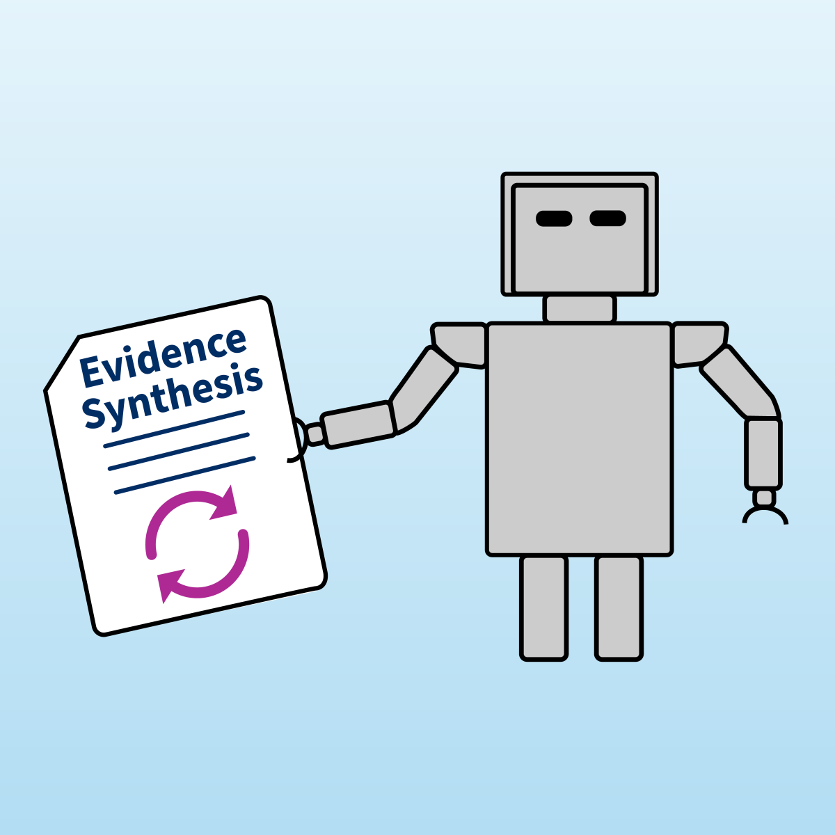 Bild zum Methodenforum: Ein Roboter hält ein Blatt Papier mit der Aufschrift Evidence Synthesis in der Hand.